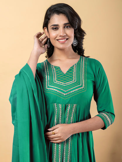 Green Anarkali Premium Rayon Kurta Pant Set with Cotton Dupatta Designer–3 Piece Ready to Wear Salwar Kameez Suit Set-750129