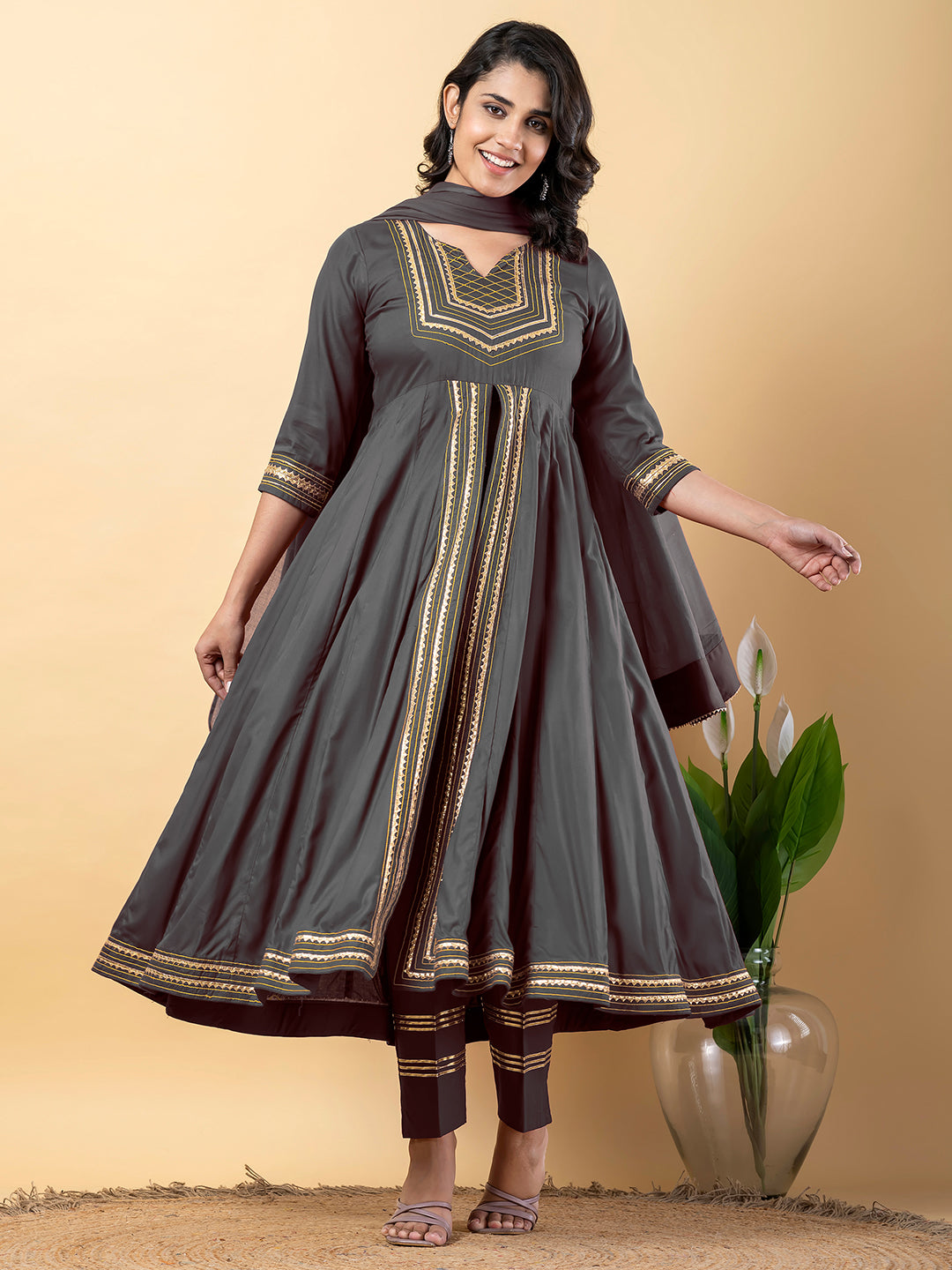 Grey Anarkali Premium Rayon Kurta Pant Set with Cotton Dupatta Designer–3 Piece Ready to Wear Salwar Kameez Suit Set-750130