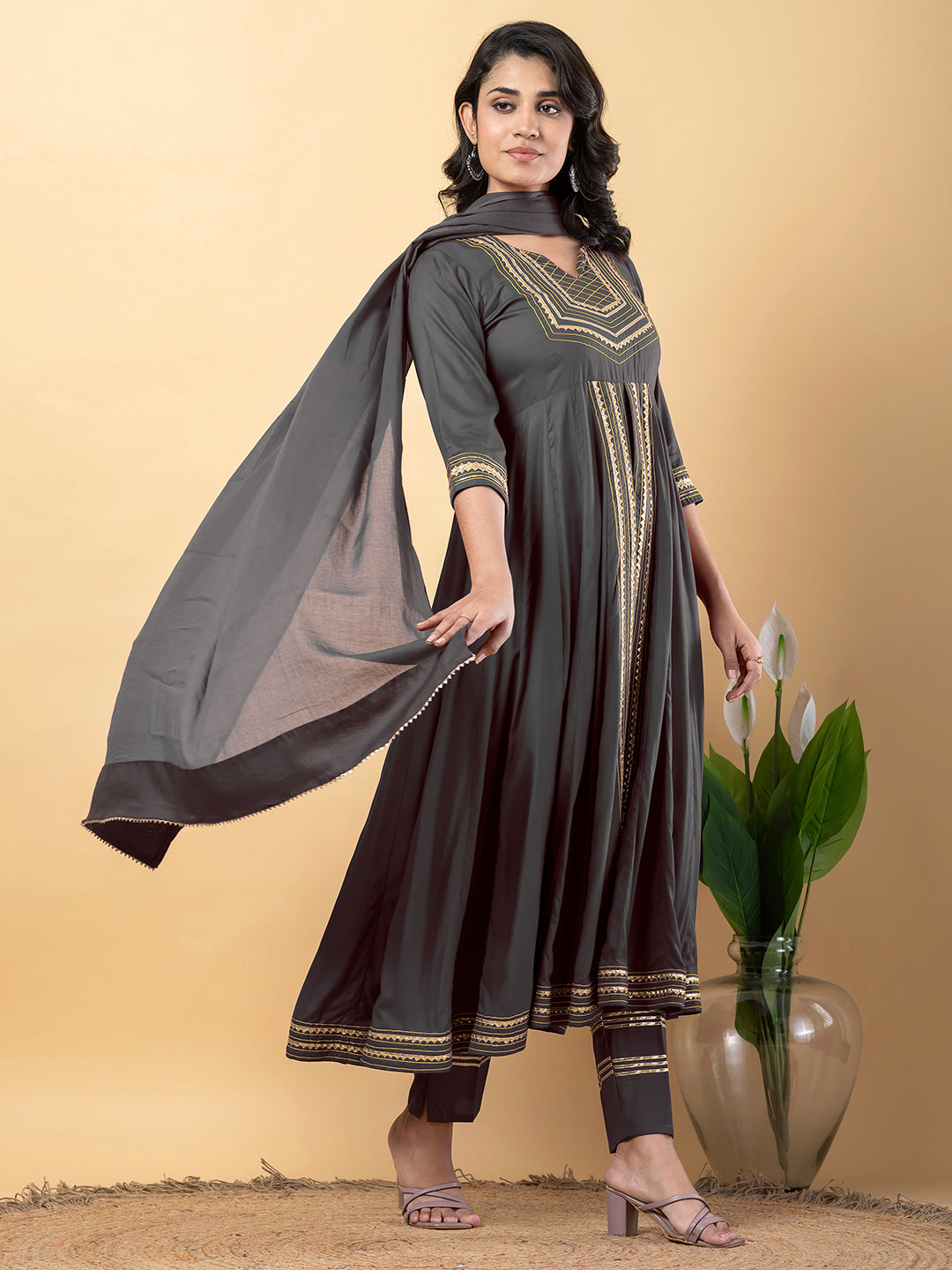 Grey Anarkali Premium Rayon Kurta Pant Set with Cotton Dupatta Designer–3 Piece Ready to Wear Salwar Kameez Suit Set-750130