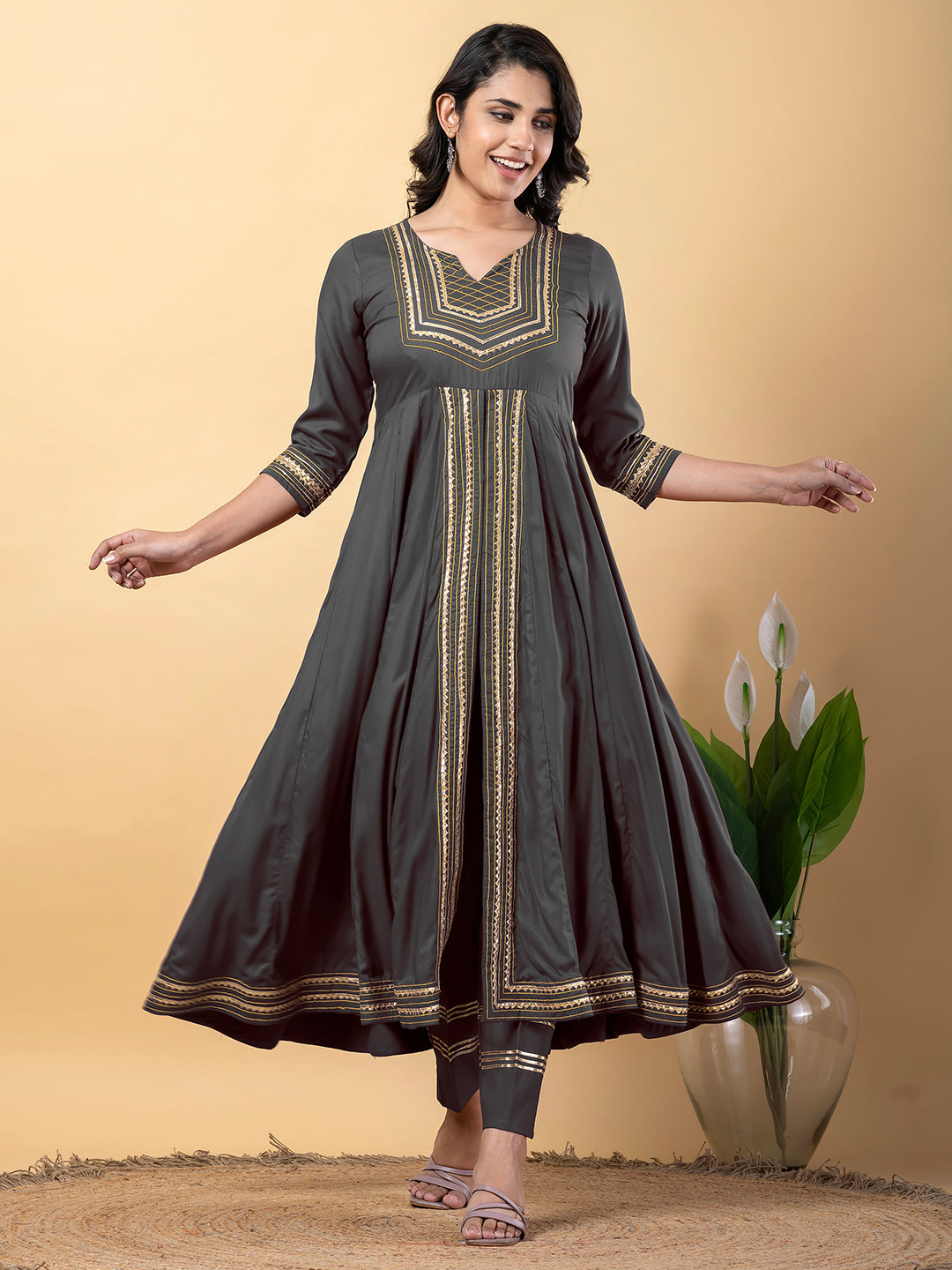 Grey Anarkali Premium Rayon Kurta Pant Set with Cotton Dupatta Designer–3 Piece Ready to Wear Salwar Kameez Suit Set-750130