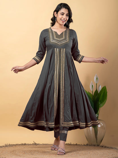 Grey Anarkali Premium Rayon Kurta Pant Set with Cotton Dupatta Designer–3 Piece Ready to Wear Salwar Kameez Suit Set-750130