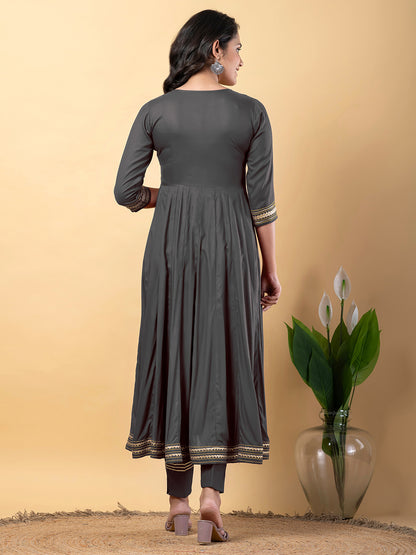 Grey Anarkali Premium Rayon Kurta Pant Set with Cotton Dupatta Designer–3 Piece Ready to Wear Salwar Kameez Suit Set-750130