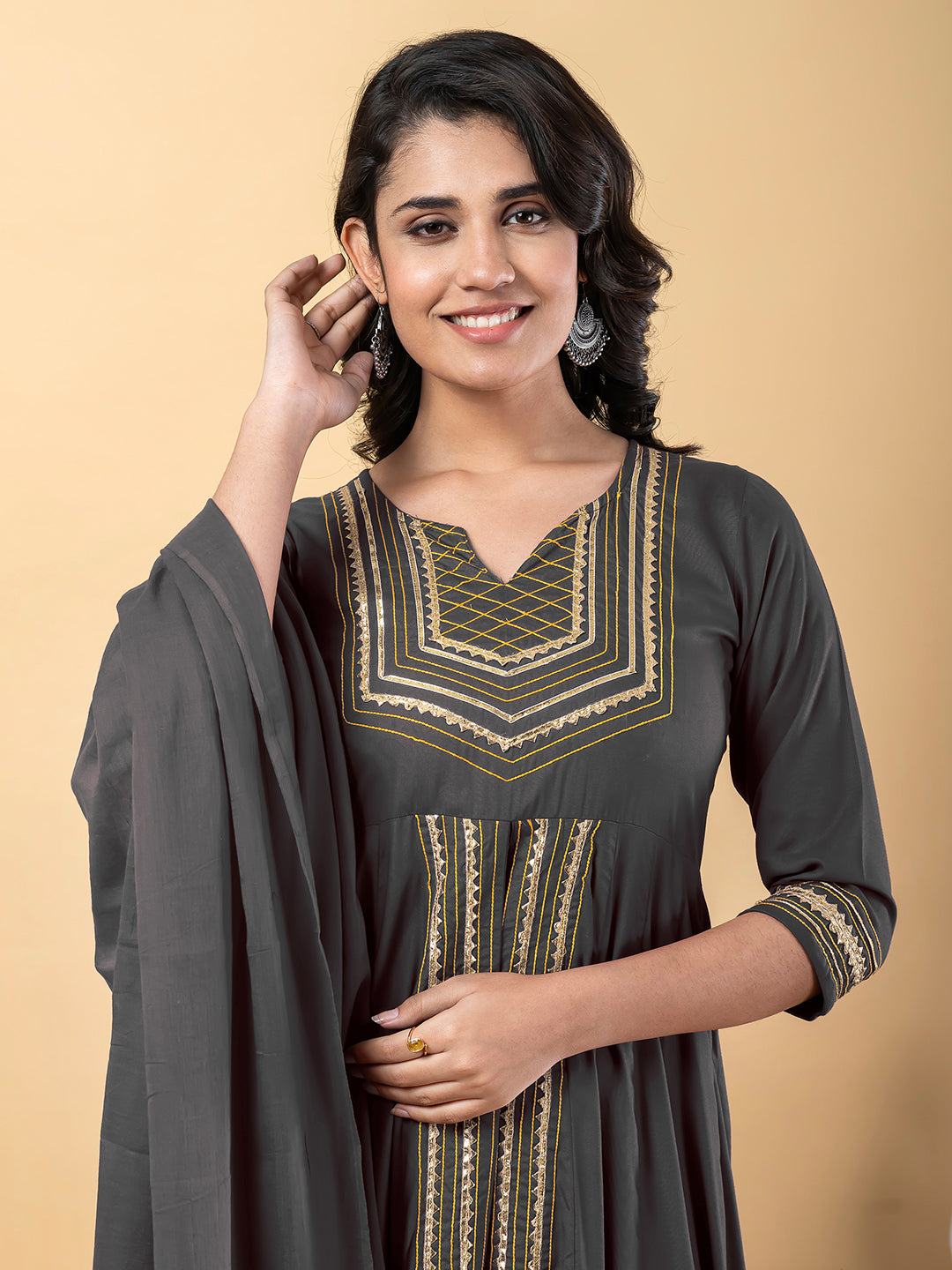 Grey Anarkali Premium Rayon Kurta Pant Set with Cotton Dupatta Designer–3 Piece Ready to Wear Salwar Kameez Suit Set-750130
