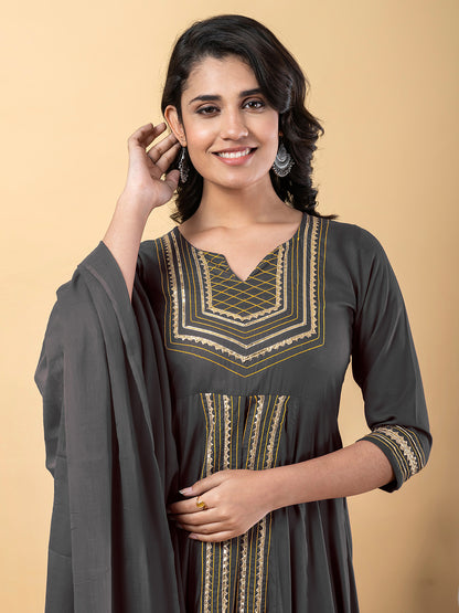 Grey Anarkali Premium Rayon Kurta Pant Set with Cotton Dupatta Designer–3 Piece Ready to Wear Salwar Kameez Suit Set-750130