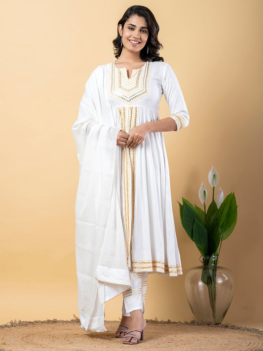 White Anarkali Premium Rayon Kurta Pant Set with Cotton Dupatta Designer–3 Piece Ready to Wear Salwar Kameez Suit Set-750131