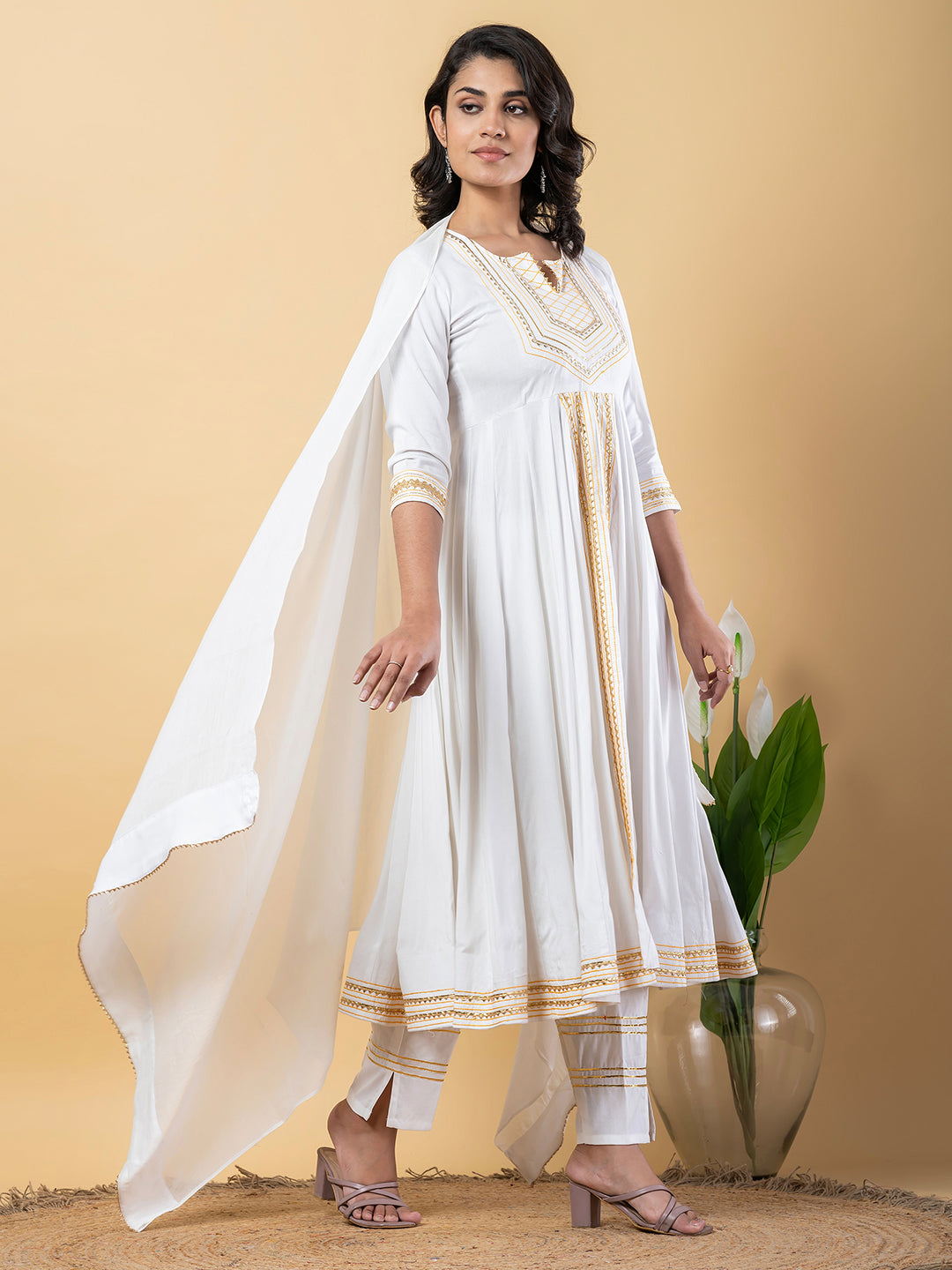 White Anarkali Premium Rayon Kurta Pant Set with Cotton Dupatta Designer–3 Piece Ready to Wear Salwar Kameez Suit Set-750131