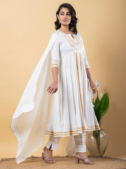 White Anarkali Premium Rayon Kurta Pant Set with Cotton Dupatta Designer–3 Piece Ready to Wear Salwar Kameez Suit Set-750131