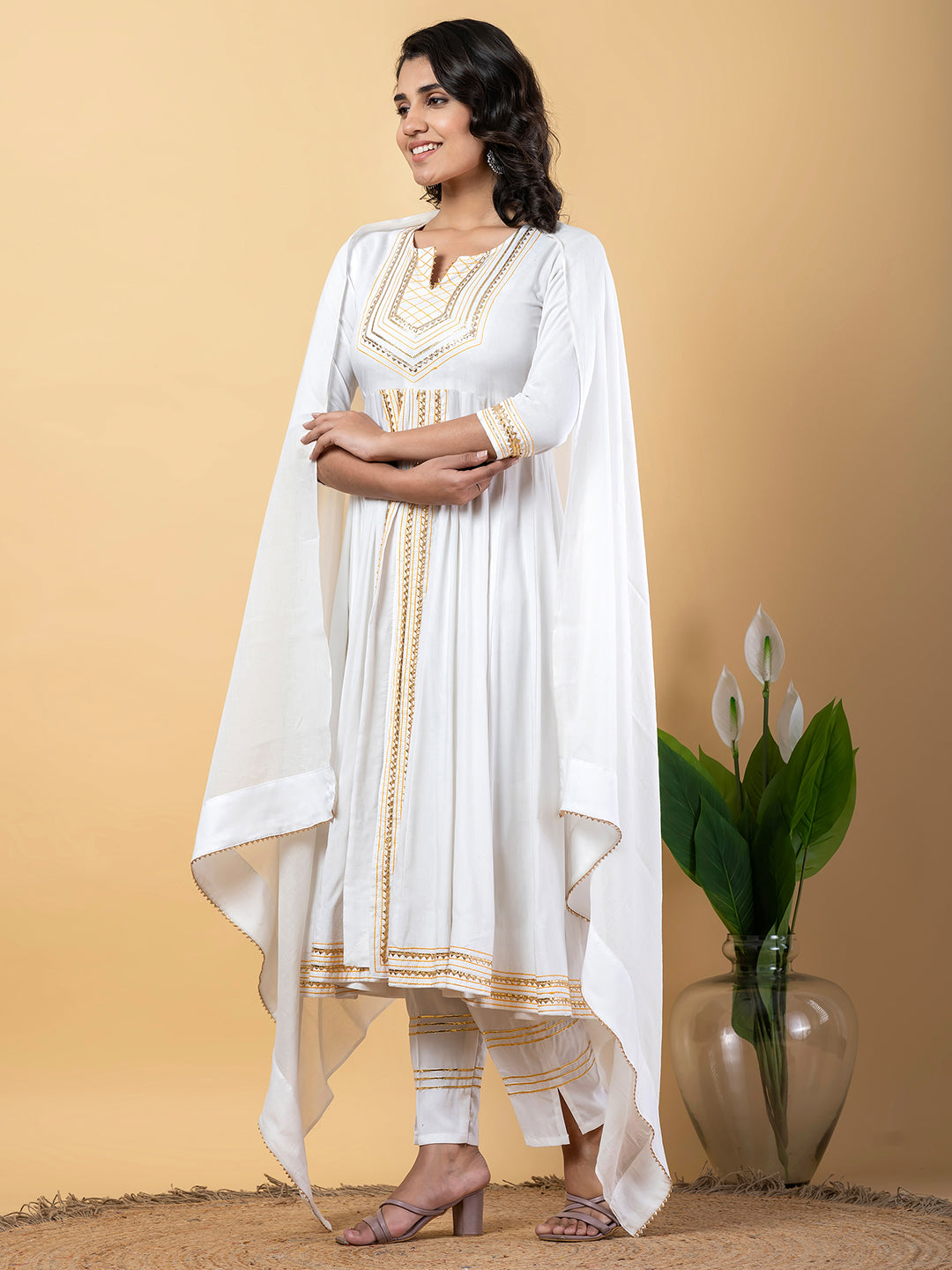 White Anarkali Premium Rayon Kurta Pant Set with Cotton Dupatta Designer–3 Piece Ready to Wear Salwar Kameez Suit Set-750131