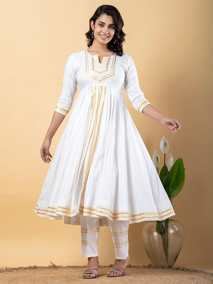 White Anarkali Premium Rayon Kurta Pant Set with Cotton Dupatta Designer–3 Piece Ready to Wear Salwar Kameez Suit Set-750131