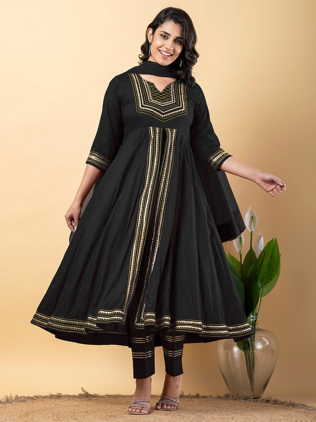 Black Anarkali Premium Rayon Kurta Pant Set with Cotton Dupatta Designer–3 Piece Ready to Wear Salwar Kameez Suit Set-750132