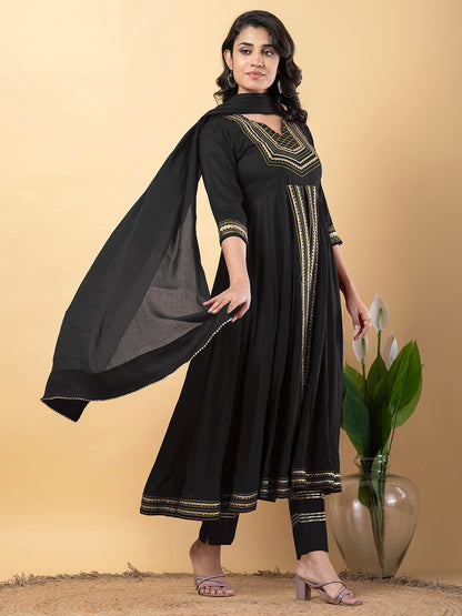 Black Anarkali Premium Rayon Kurta Pant Set with Cotton Dupatta Designer–3 Piece Ready to Wear Salwar Kameez Suit Set-750132