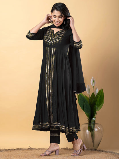 Black Anarkali Premium Rayon Kurta Pant Set with Cotton Dupatta Designer–3 Piece Ready to Wear Salwar Kameez Suit Set-750132