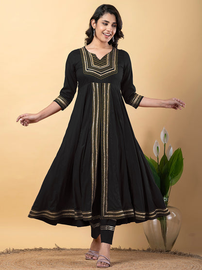 Black Anarkali Premium Rayon Kurta Pant Set with Cotton Dupatta Designer–3 Piece Ready to Wear Salwar Kameez Suit Set-750132