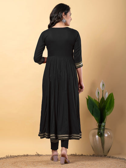 Black Anarkali Premium Rayon Kurta Pant Set with Cotton Dupatta Designer–3 Piece Ready to Wear Salwar Kameez Suit Set-750132