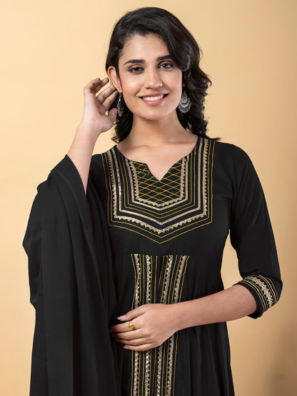 Black Anarkali Premium Rayon Kurta Pant Set with Cotton Dupatta Designer–3 Piece Ready to Wear Salwar Kameez Suit Set-750132