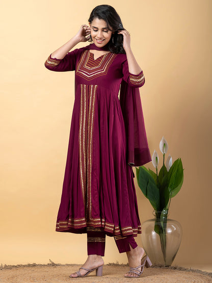 Purple Anarkali Premium Rayon Kurta Pant Set with Cotton Dupatta Designer–3 Piece Ready to Wear Salwar Kameez Suit Set-750133