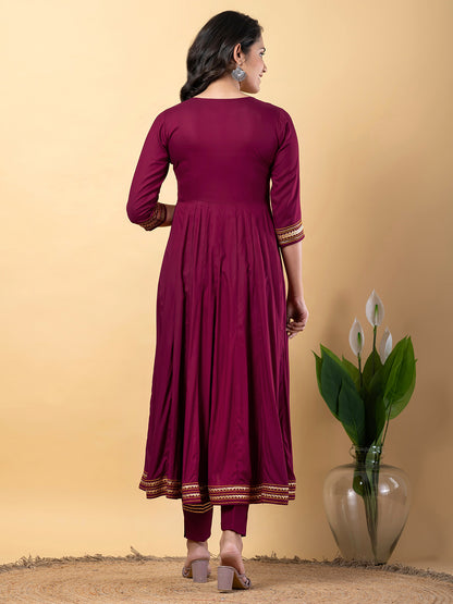 Purple Anarkali Premium Rayon Kurta Pant Set with Cotton Dupatta Designer–3 Piece Ready to Wear Salwar Kameez Suit Set-750133