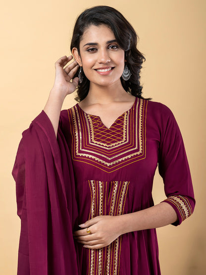 Purple Anarkali Premium Rayon Kurta Pant Set with Cotton Dupatta Designer–3 Piece Ready to Wear Salwar Kameez Suit Set-750133