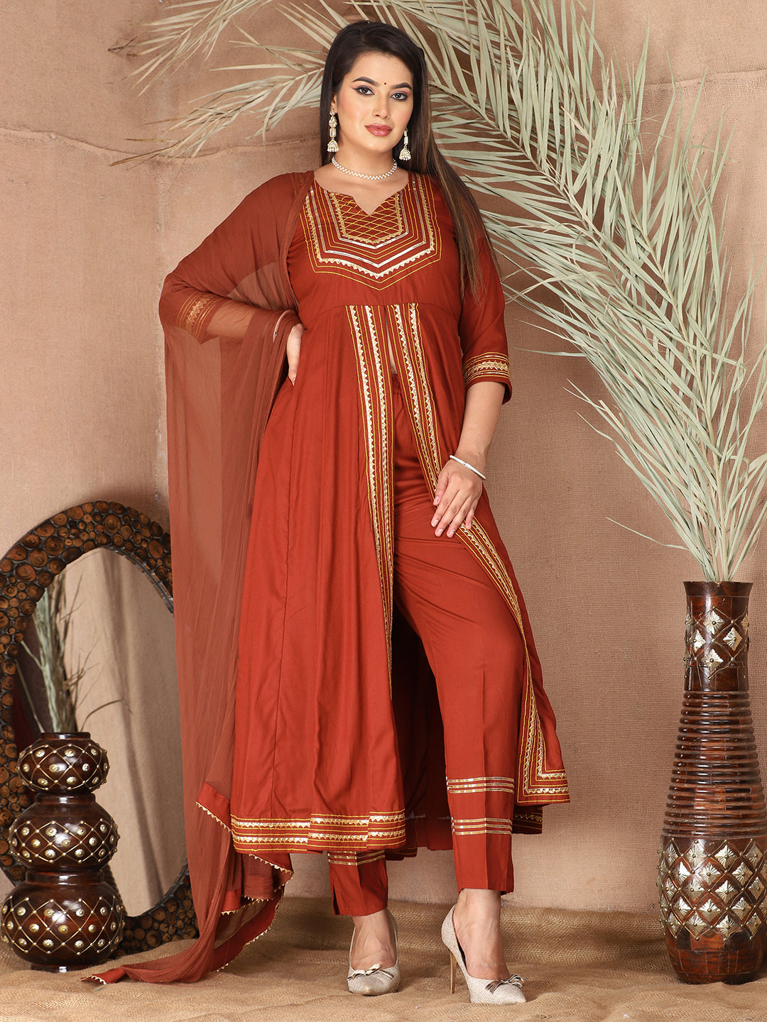 Red Anarkali Premium Rayon Kurta Pant Set with Cotton Dupatta Designer–3 Piece Ready to Wear Salwar Kameez Suit Set-750134