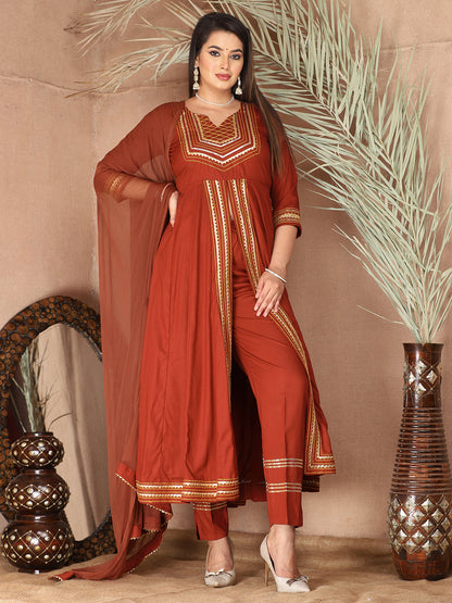 Red Anarkali Premium Rayon Kurta Pant Set with Cotton Dupatta Designer–3 Piece Ready to Wear Salwar Kameez Suit Set-750134