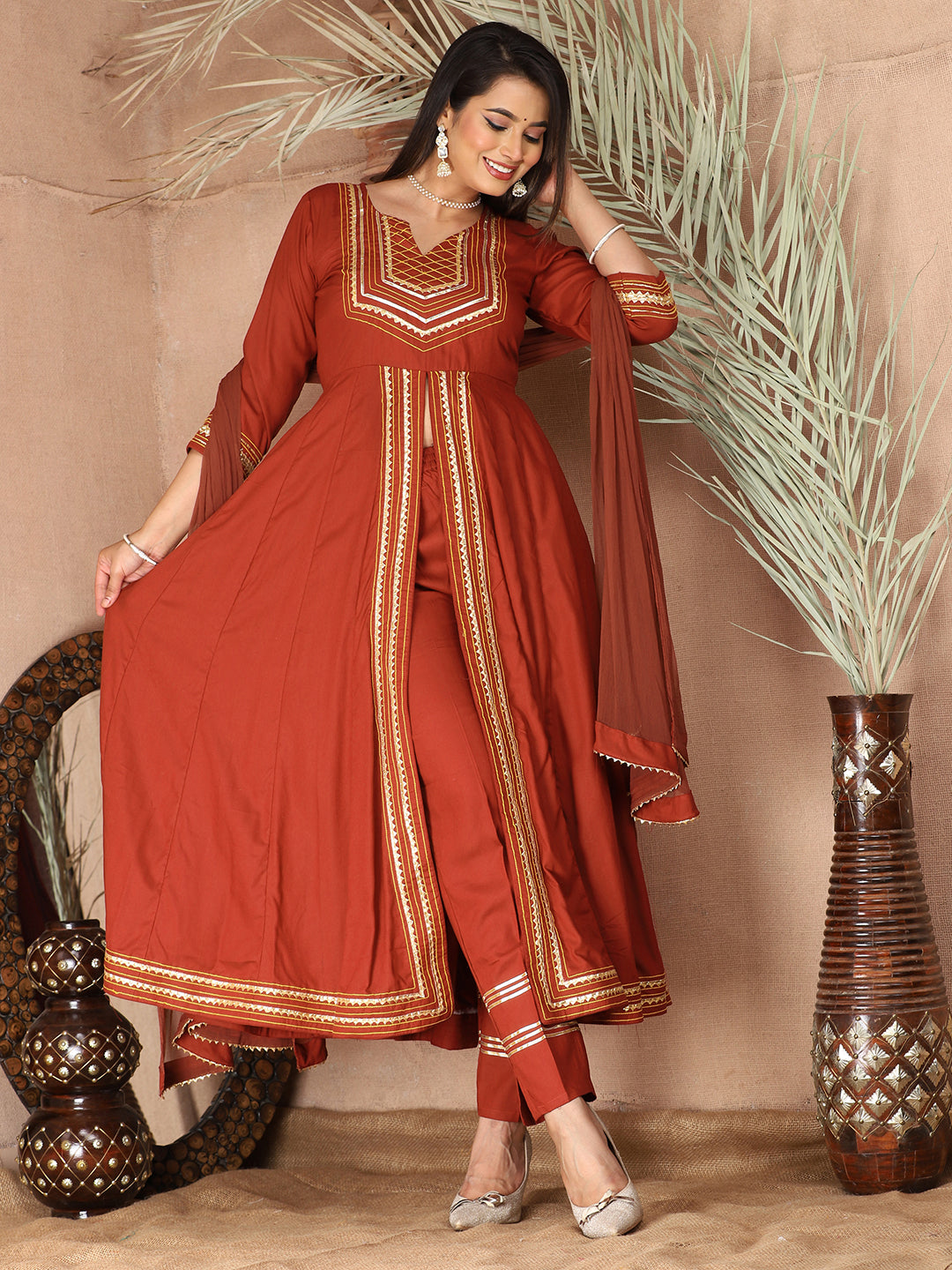 Red Anarkali Premium Rayon Kurta Pant Set with Cotton Dupatta Designer–3 Piece Ready to Wear Salwar Kameez Suit Set-750134