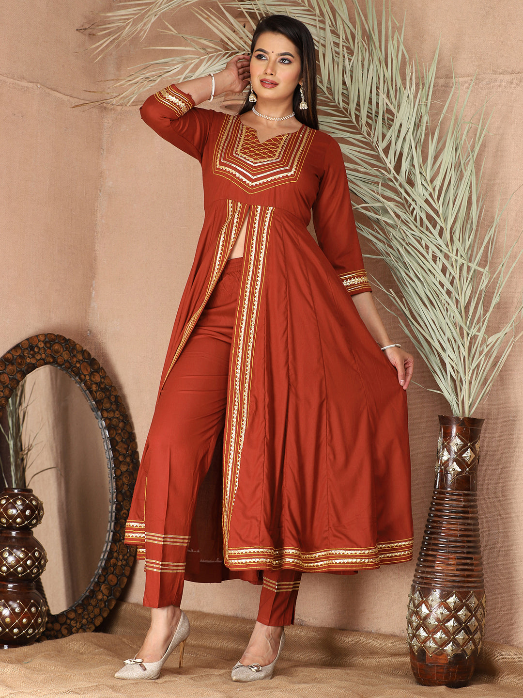 Red Anarkali Premium Rayon Kurta Pant Set with Cotton Dupatta Designer–3 Piece Ready to Wear Salwar Kameez Suit Set-750134