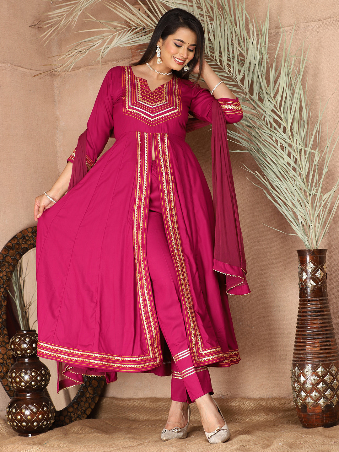 Pink Anarkali Premium Rayon Kurta Pant Set with Cotton Dupatta Designer–3 Piece Ready to Wear Salwar Kameez Suit Set-750135