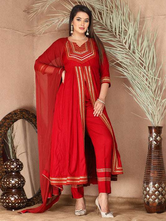 Red Anarkali Premium Rayon Kurta Pant Set with Cotton Dupatta Designer–3 Piece Ready to Wear Salwar Kameez Suit Set-750136