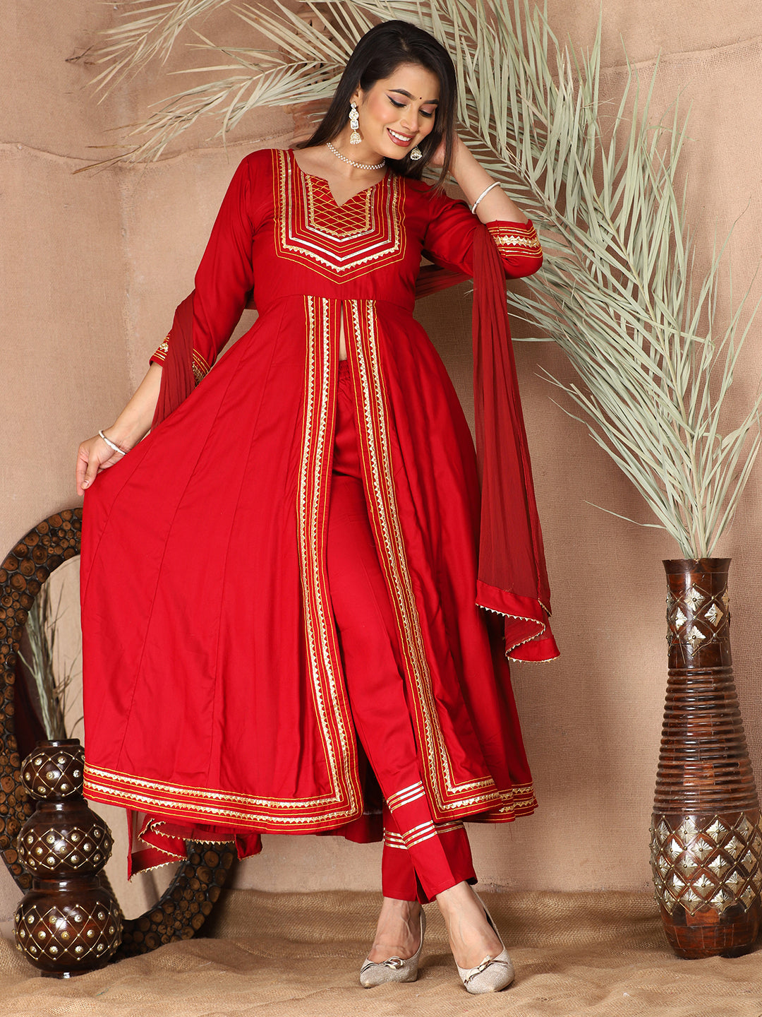 Red Anarkali Premium Rayon Kurta Pant Set with Cotton Dupatta Designer–3 Piece Ready to Wear Salwar Kameez Suit Set-750136