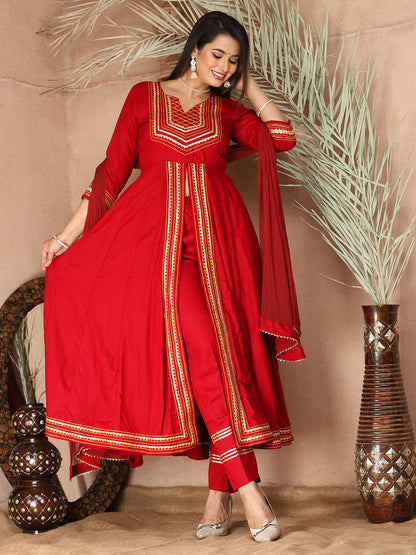Red Anarkali Premium Rayon Kurta Pant Set with Cotton Dupatta Designer–3 Piece Ready to Wear Salwar Kameez Suit Set-750136
