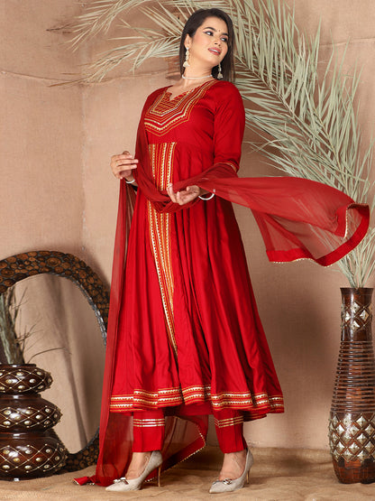 Red Anarkali Premium Rayon Kurta Pant Set with Cotton Dupatta Designer–3 Piece Ready to Wear Salwar Kameez Suit Set-750136
