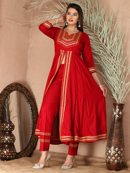 Red Anarkali Premium Rayon Kurta Pant Set with Cotton Dupatta Designer–3 Piece Ready to Wear Salwar Kameez Suit Set-750136