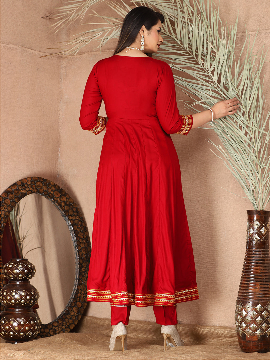 Red Anarkali Premium Rayon Kurta Pant Set with Cotton Dupatta Designer–3 Piece Ready to Wear Salwar Kameez Suit Set-750136