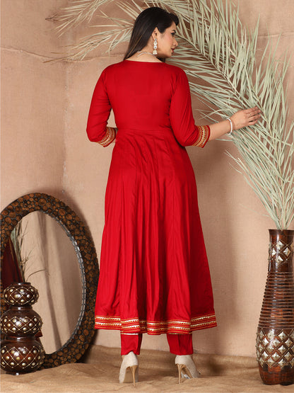 Red Anarkali Premium Rayon Kurta Pant Set with Cotton Dupatta Designer–3 Piece Ready to Wear Salwar Kameez Suit Set-750136