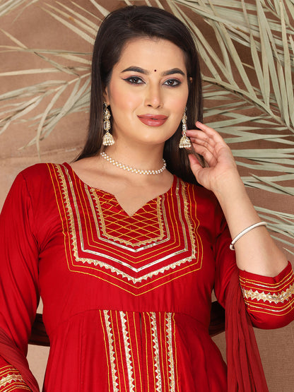 Red Anarkali Premium Rayon Kurta Pant Set with Cotton Dupatta Designer–3 Piece Ready to Wear Salwar Kameez Suit Set-750136