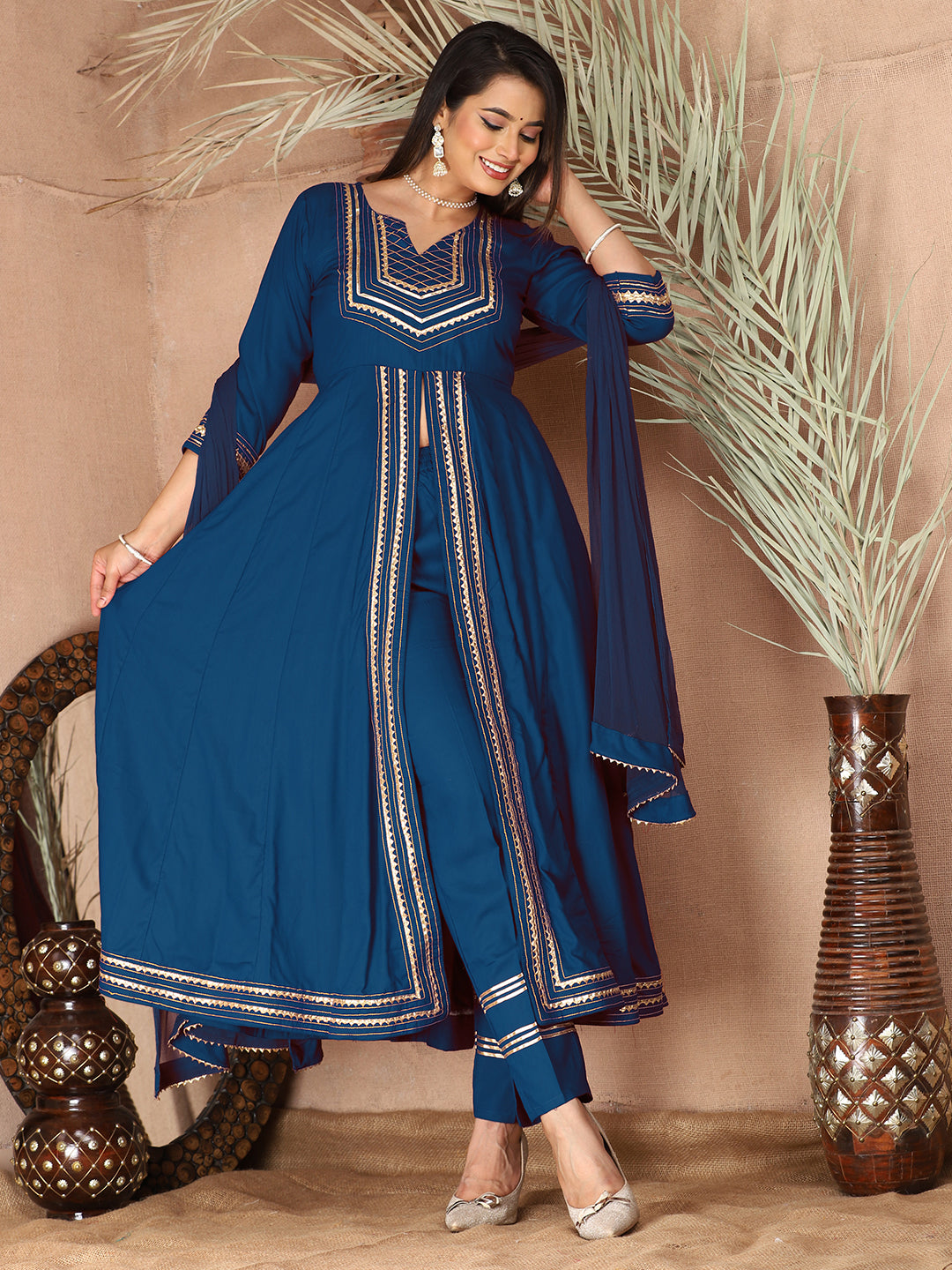 Blue Anarkali Premium Rayon Kurta Pant Set with Cotton Dupatta Designer–3 Piece Ready to Wear Salwar Kameez Suit Set-750137