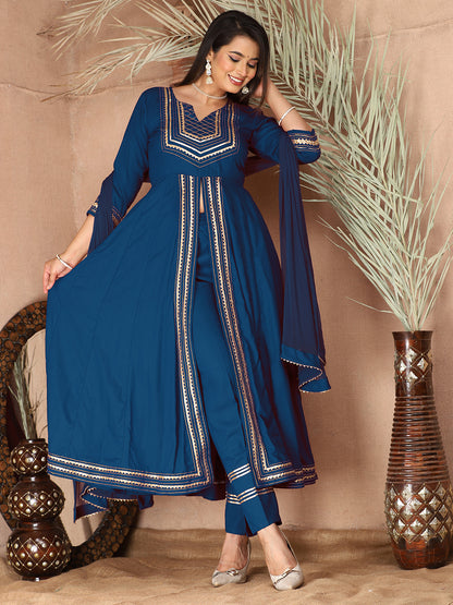 Blue Anarkali Premium Rayon Kurta Pant Set with Cotton Dupatta Designer–3 Piece Ready to Wear Salwar Kameez Suit Set-750137