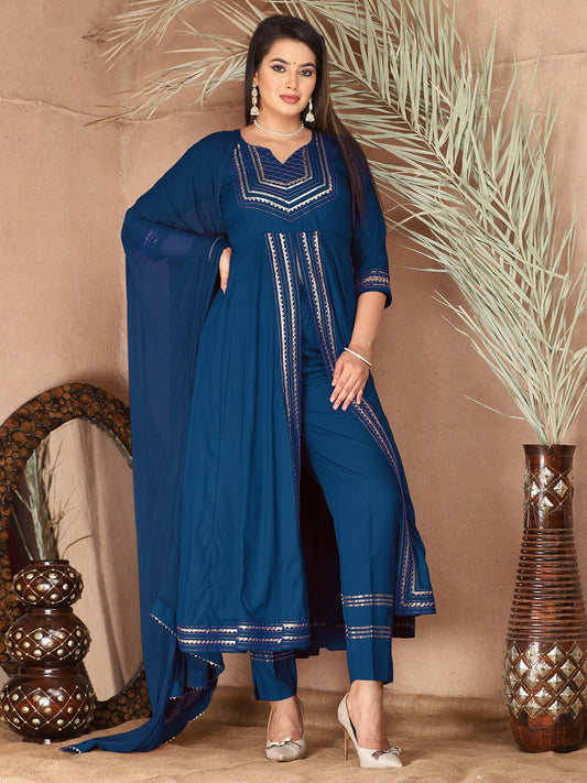 Blue Anarkali Premium Rayon Kurta Pant Set with Cotton Dupatta Designer–3 Piece Ready to Wear Salwar Kameez Suit Set-750137