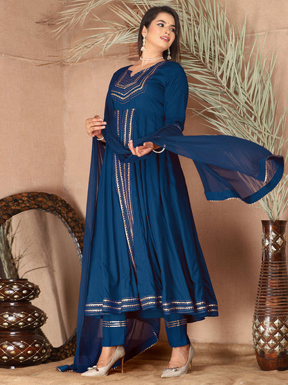 Blue Anarkali Premium Rayon Kurta Pant Set with Cotton Dupatta Designer–3 Piece Ready to Wear Salwar Kameez Suit Set-750137