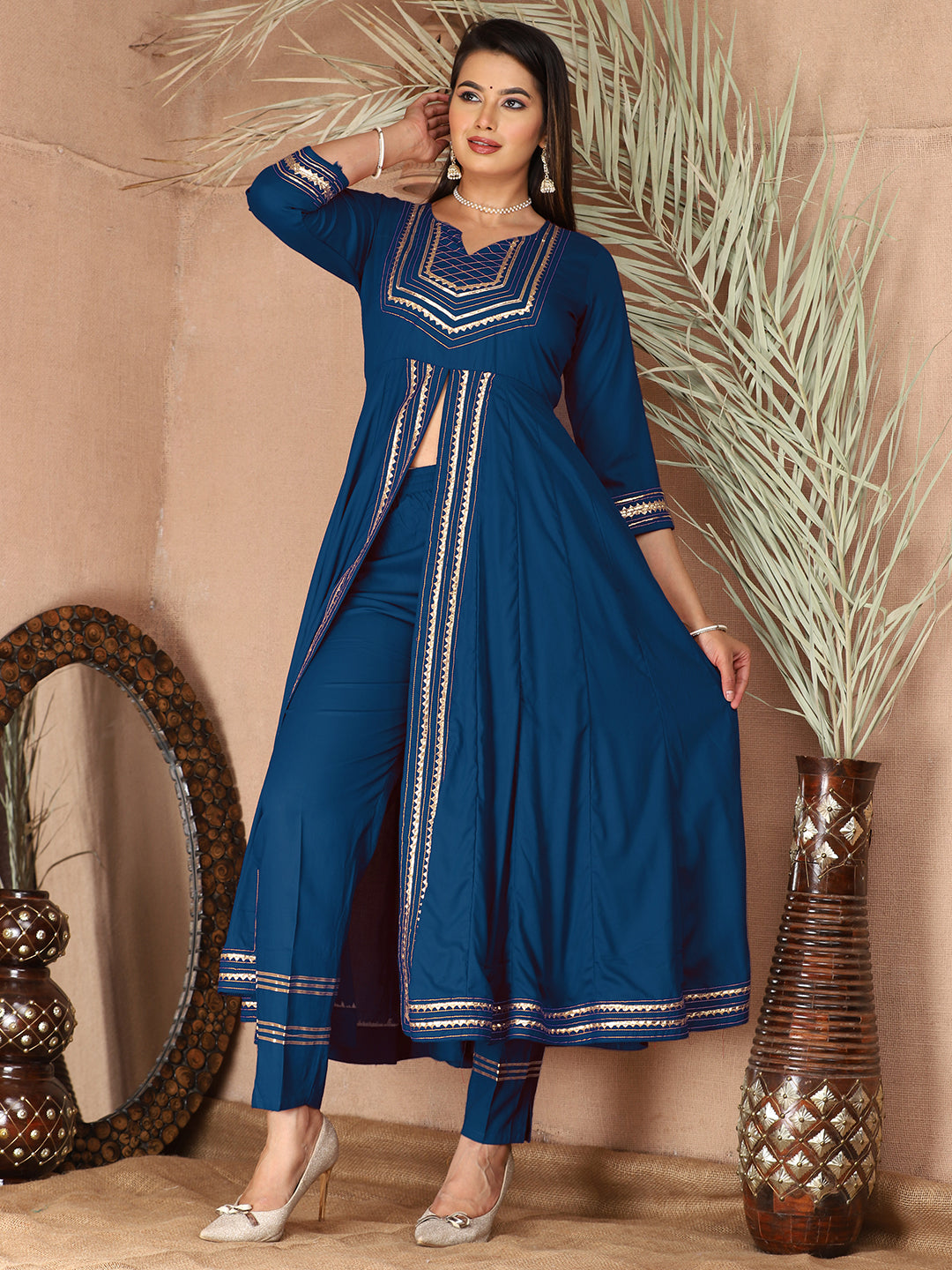 Blue Anarkali Premium Rayon Kurta Pant Set with Cotton Dupatta Designer–3 Piece Ready to Wear Salwar Kameez Suit Set-750137