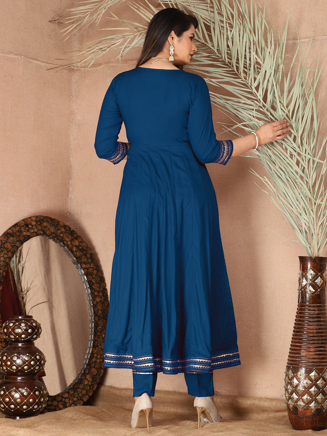 Blue Anarkali Premium Rayon Kurta Pant Set with Cotton Dupatta Designer–3 Piece Ready to Wear Salwar Kameez Suit Set-750137