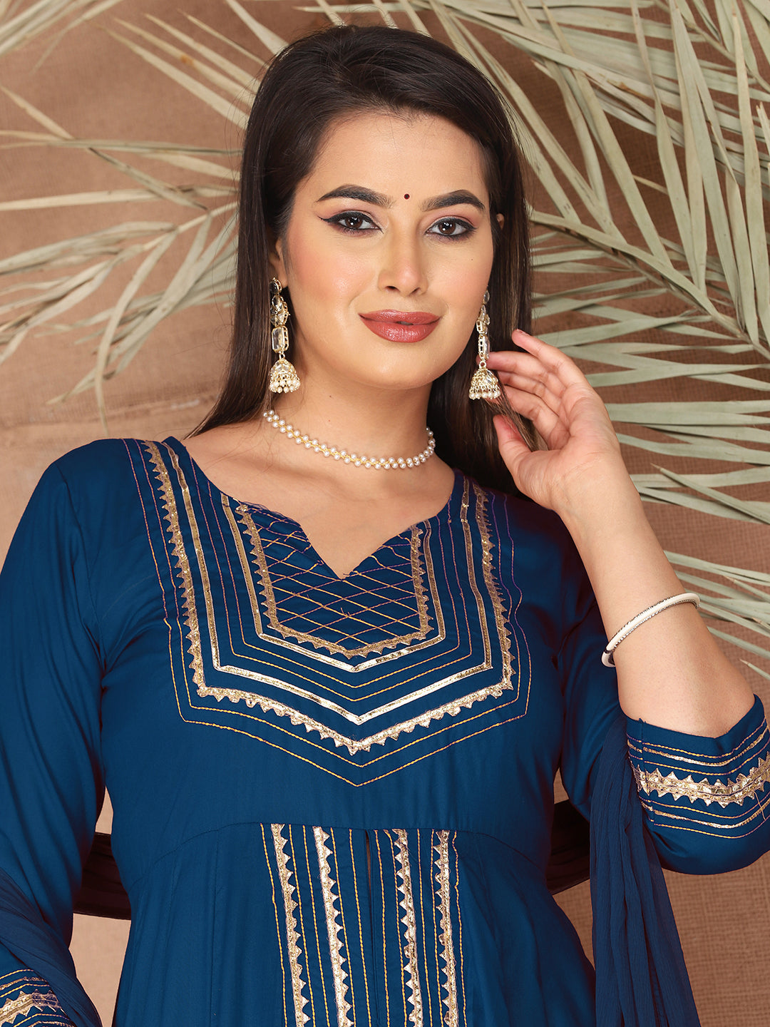 Blue Anarkali Premium Rayon Kurta Pant Set with Cotton Dupatta Designer–3 Piece Ready to Wear Salwar Kameez Suit Set-750137