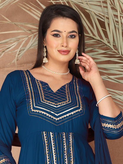 Blue Anarkali Premium Rayon Kurta Pant Set with Cotton Dupatta Designer–3 Piece Ready to Wear Salwar Kameez Suit Set-750137