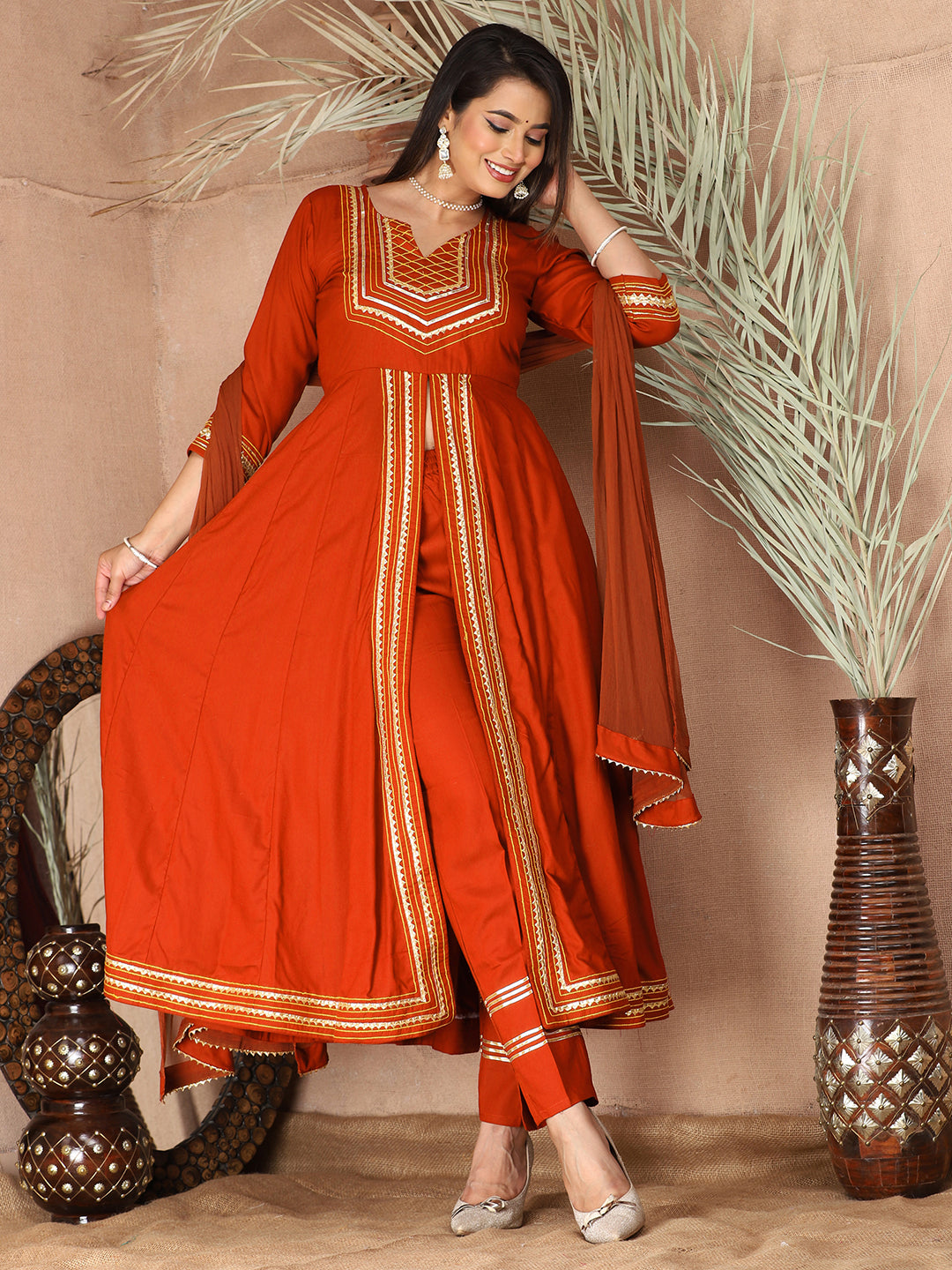 Orange Anarkali Premium Rayon Kurta Pant Set with Cotton Dupatta Designer–3 Piece Ready to Wear Salwar Kameez Suit Set-750138