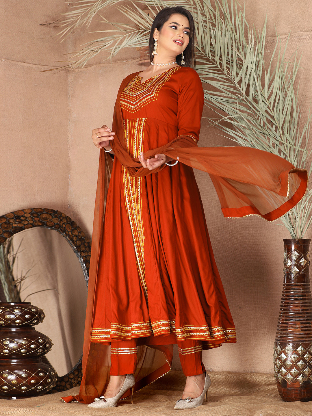 Orange Anarkali Premium Rayon Kurta Pant Set with Cotton Dupatta Designer–3 Piece Ready to Wear Salwar Kameez Suit Set-750138
