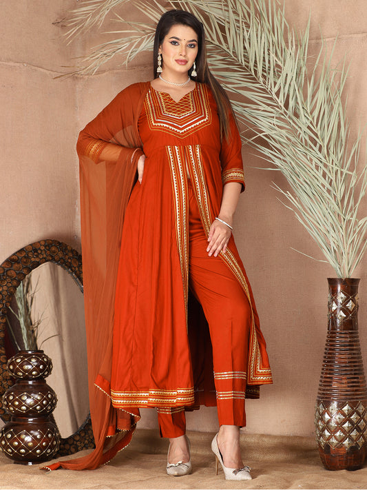 Orange Anarkali Premium Rayon Kurta Pant Set with Cotton Dupatta Designer–3 Piece Ready to Wear Salwar Kameez Suit Set-750138