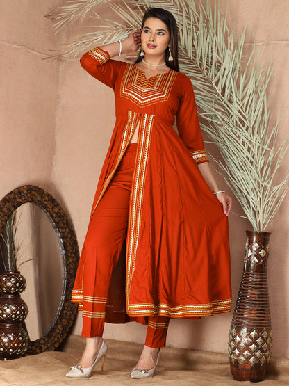 Orange Anarkali Premium Rayon Kurta Pant Set with Cotton Dupatta Designer–3 Piece Ready to Wear Salwar Kameez Suit Set-750138