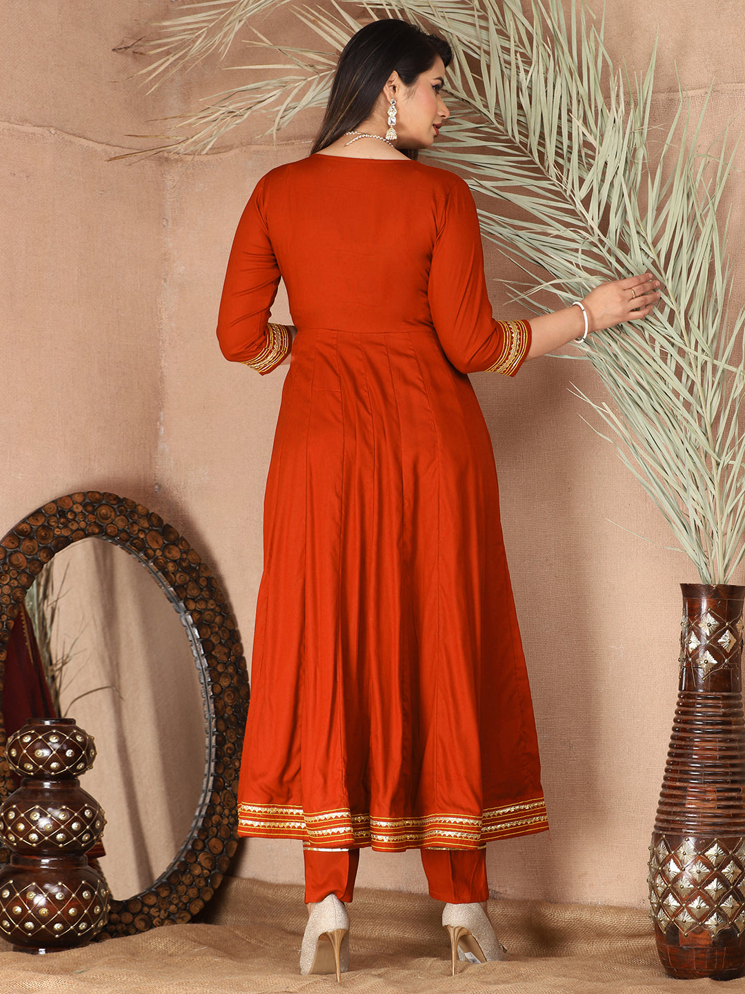 Orange Anarkali Premium Rayon Kurta Pant Set with Cotton Dupatta Designer–3 Piece Ready to Wear Salwar Kameez Suit Set-750138