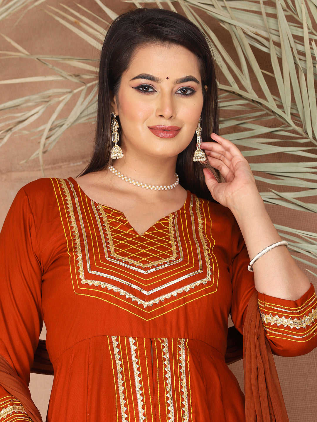 Orange Anarkali Premium Rayon Kurta Pant Set with Cotton Dupatta Designer–3 Piece Ready to Wear Salwar Kameez Suit Set-750138