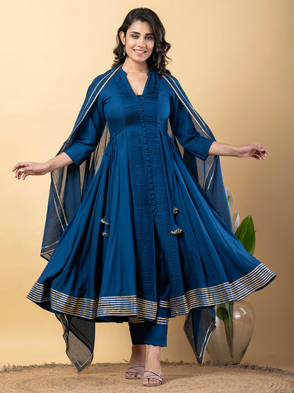 Blue Anarkali Premium Rayon Kurta Pant Set with Cotton Dupatta Designer–3 Piece Ready to Wear Salwar Kameez Suit Set-750139